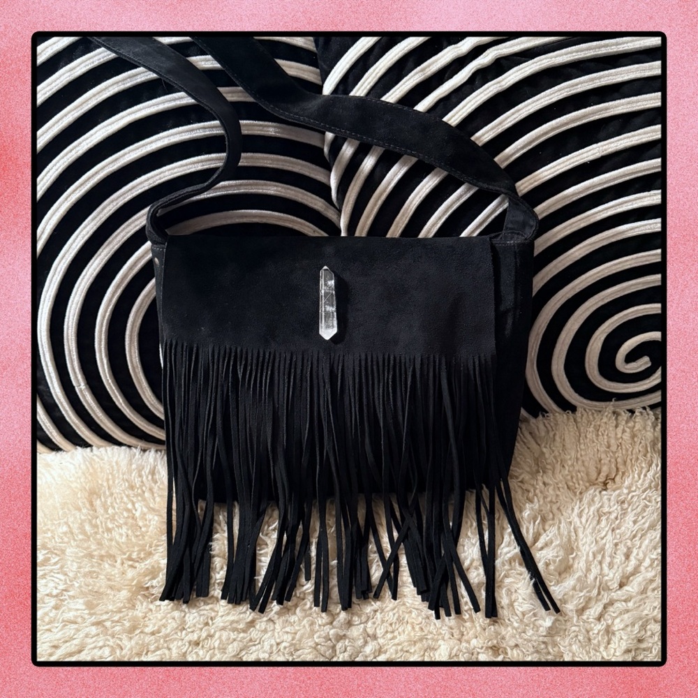 Vintage ESPRIT Black Suede Fringe Bag with Added Crystal Quartz
